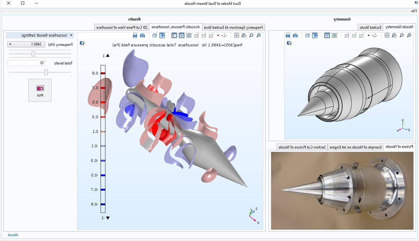 Simulation app built by undergraduate students Jeffrey Severino (2019) and Iliana Albion-Poles (2019). Their work was supported by the Connecticut Space Grant for Faculty Research. The app predicts the appearance of tones in a dual stream 4-strut nozzle for jet engines.